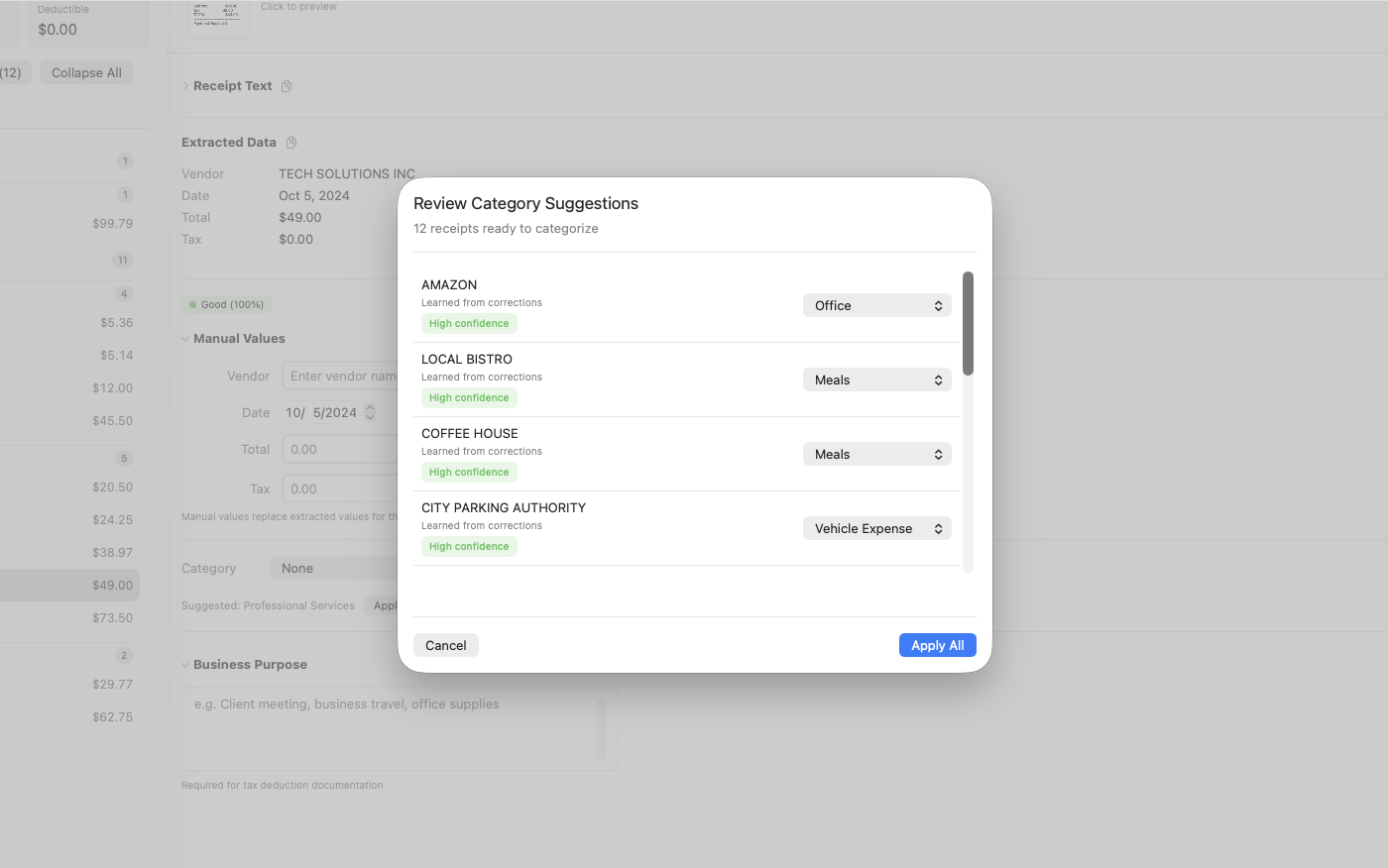 Smart Schedule C category suggestions in ReceiptMatrix