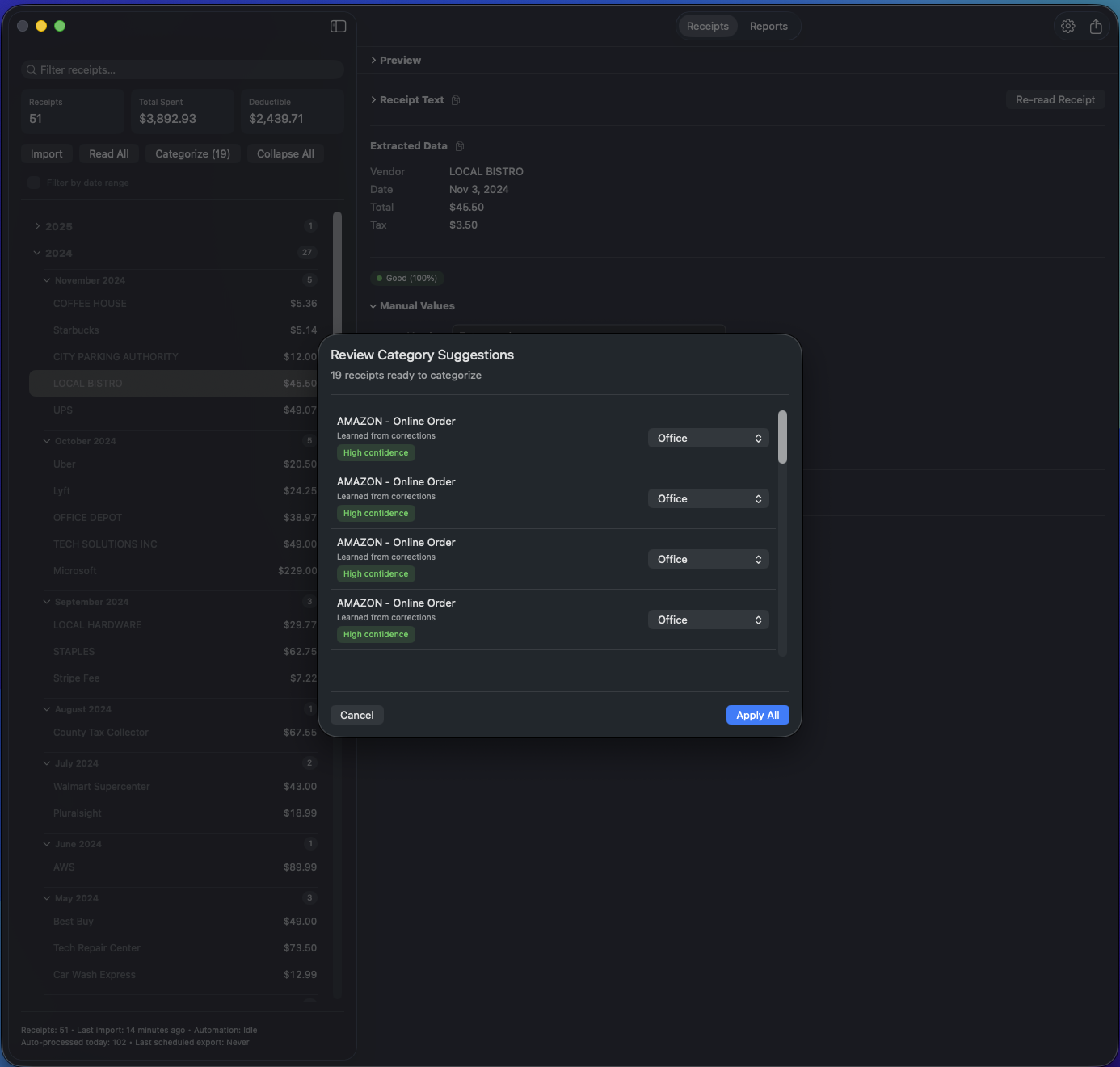 ReceiptMatrix suggesting categories for receipts