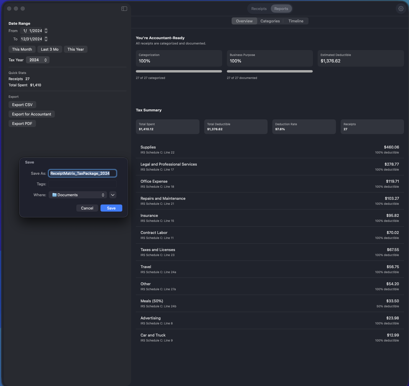 Tax package export settings